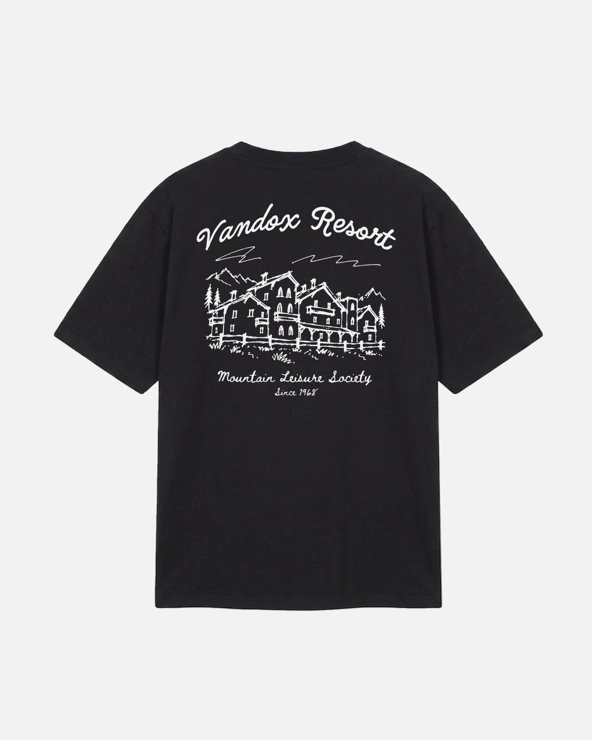 Black Vandox Resort t-shirt back view with hand-drawn alpine resort hotel sketch and Vandox Resort Mountain Leisure Society Since 1968 text. Starboy old money shirt tshirt clothes vandox sacrevandox vandox clothes vandox clothing