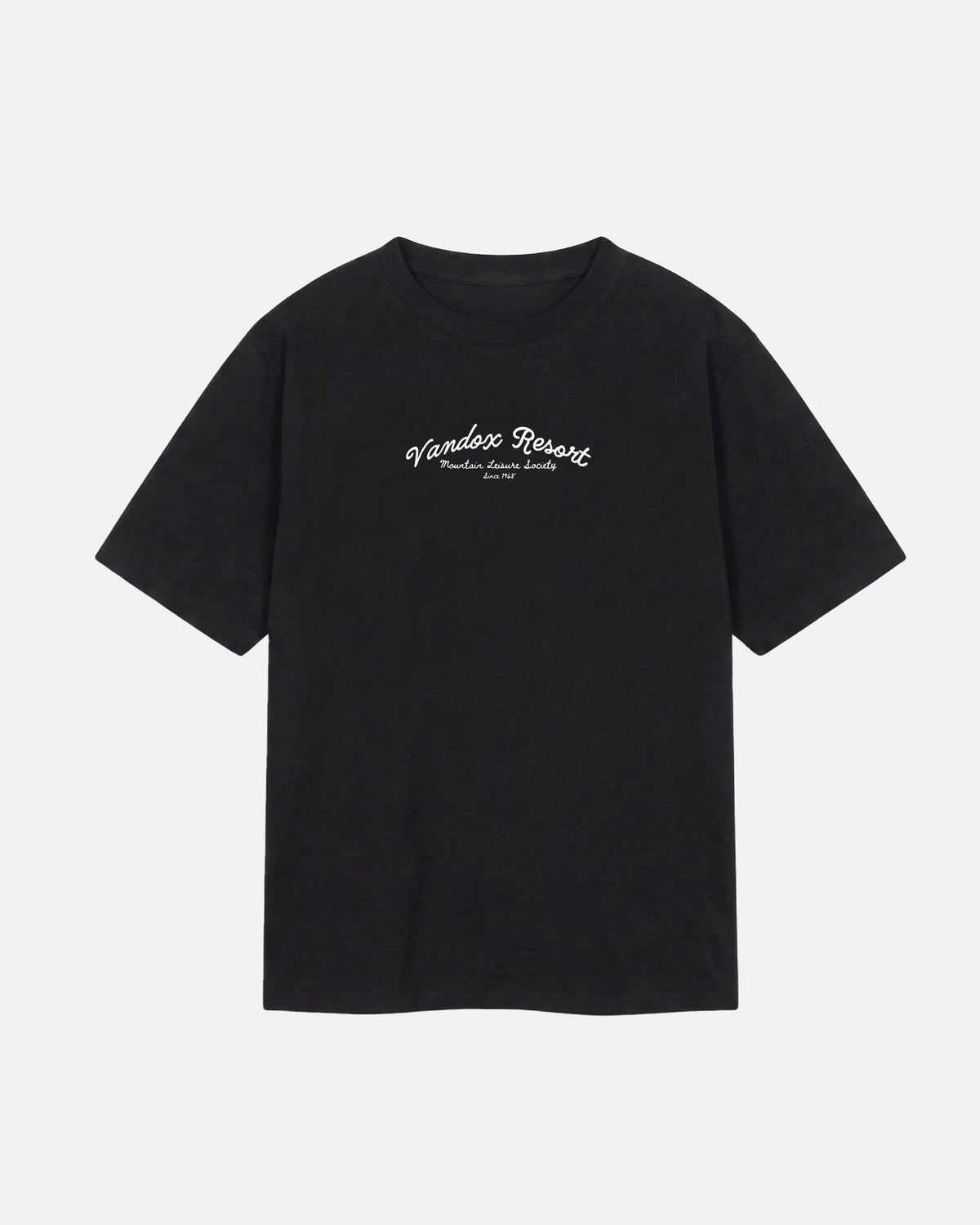 Black Vandox Resort t-shirt with Vandox Resort Mountain Leisure Society script chest graphic. Starboy old money shirt tshirt clothes vandox sacrevandox vandox clothes vandox clothing