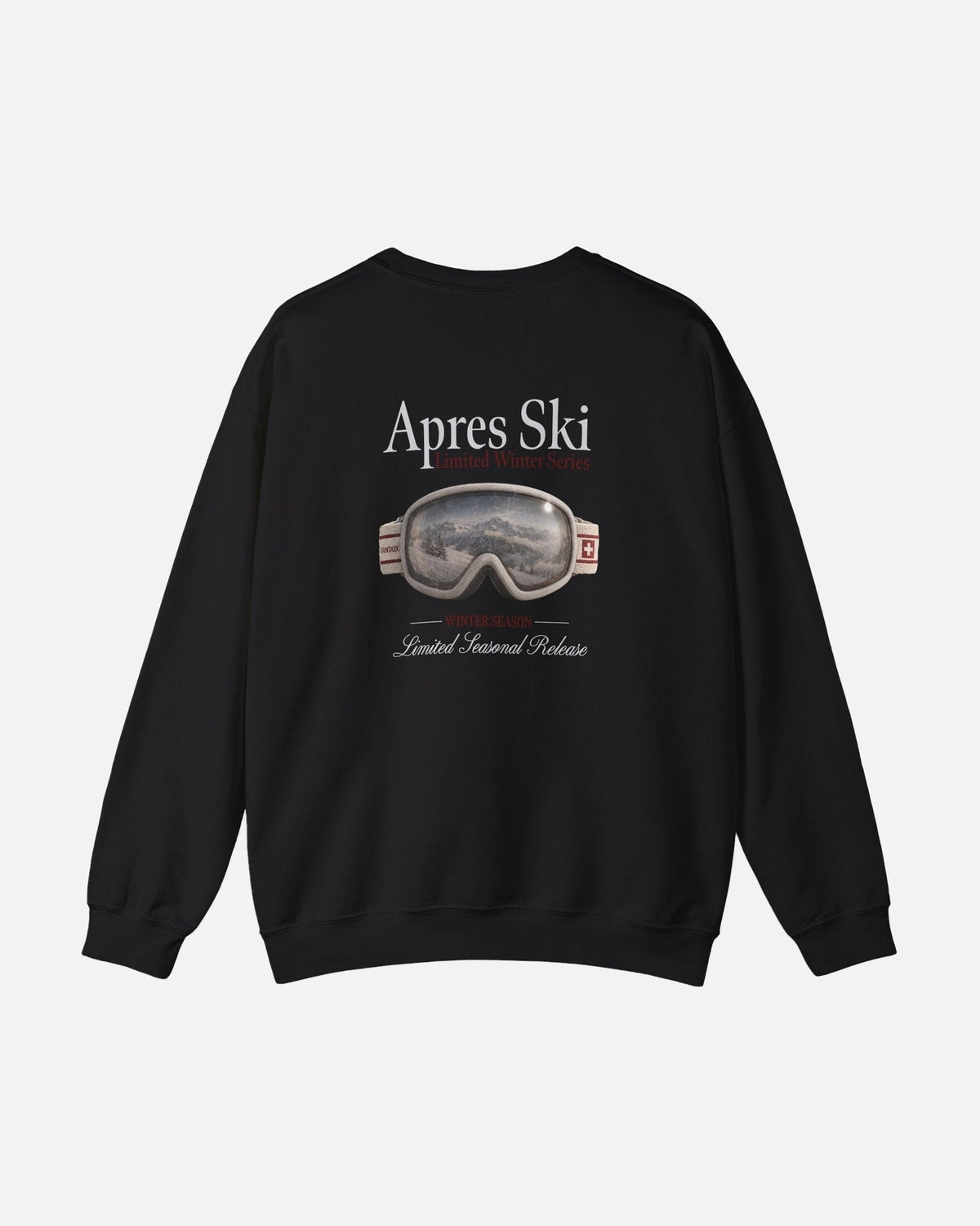 Black Vandox Snow Lens crewneck sweatshirt back view with photorealistic ski goggle graphic showing alpine mountain reflection and Apres Ski Limited Winter Series text. Starboy old money hoodie sweatshirt clothes vandox sacrevandox vandox clothes vandox clothing crewneck autumn clothes no hood fall clothes 