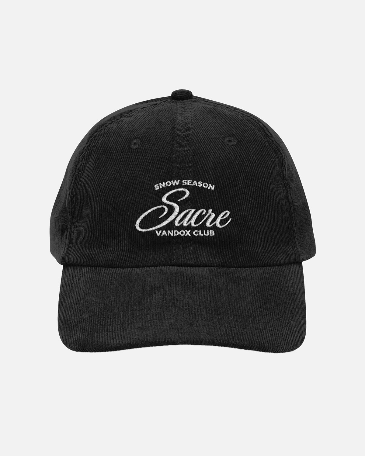 Black Vandox Snow Season corduroy baseball cap with white embroidered Snow Season Sacre Vandox Club script graphic. Hat Cap Baseball Cap Baseball Hat starboy hat old money hats vandox sacre vandox sacrevandox vandox clothing