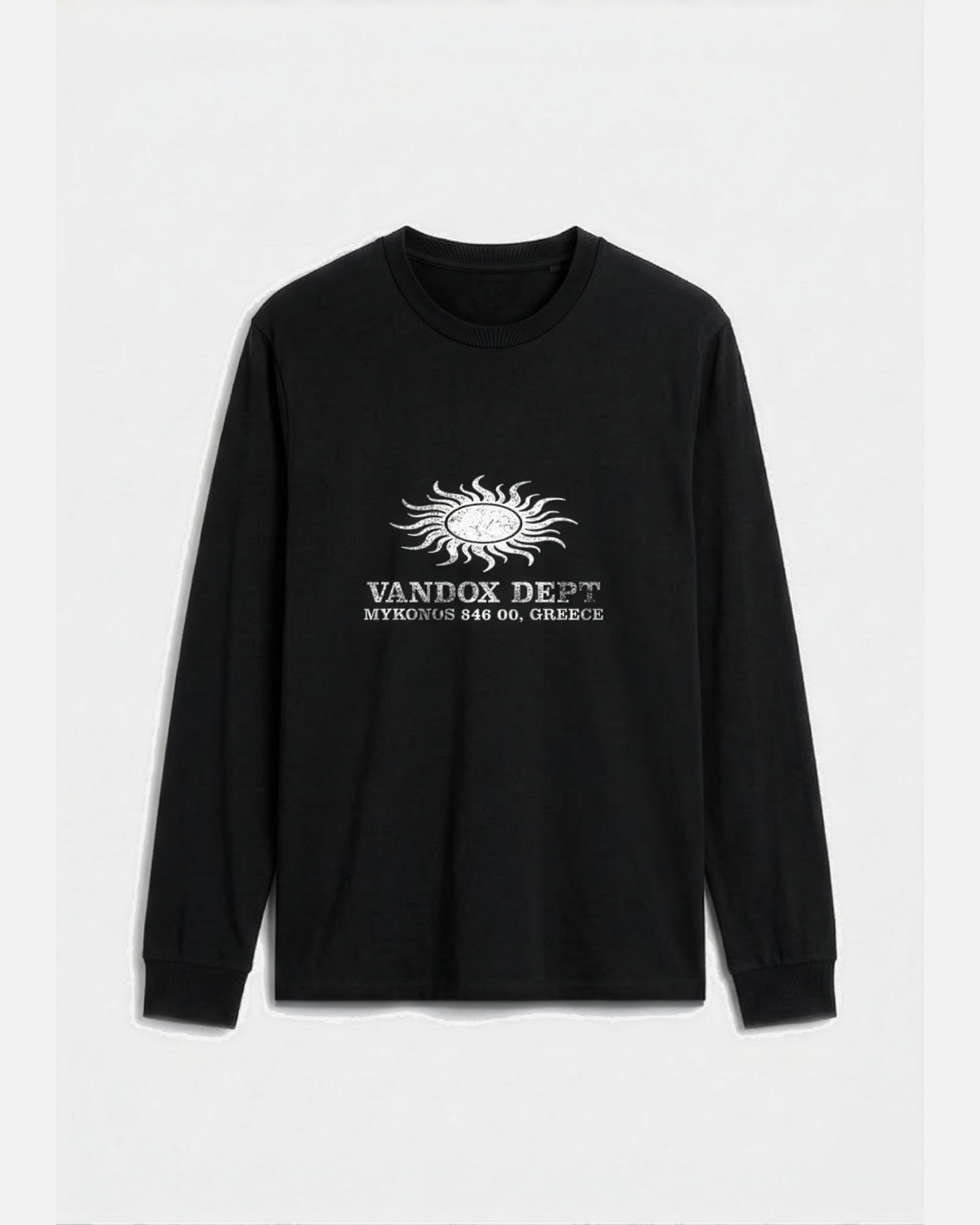 Black Vandox Sun Dept long sleeve longsleeve t-shirt with distressed sun graphic and Vandox Dept Mykonos 846 00 Greece text. Starboy old money hoodie sweatshirt t-shirt long sleeve longsleeve clothes vandox sacrevandox vandox clothes vandox clothing