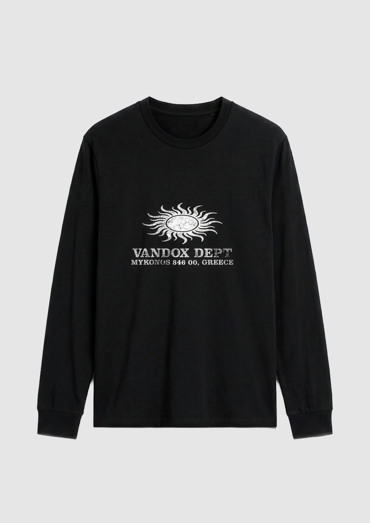Black Vandox Sun Dept long sleeve longsleeve t-shirt with distressed sun graphic and Vandox Dept Mykonos 846 00 Greece text. Starboy old money hoodie sweatshirt t-shirt long sleeve longsleeve clothes vandox sacrevandox vandox clothes vandox clothing
