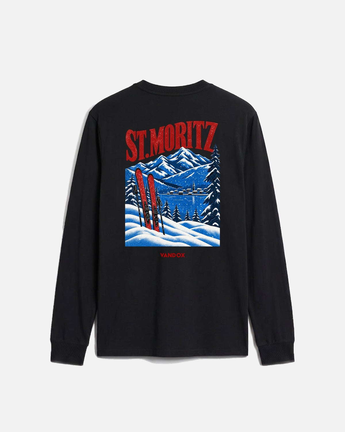 Black offwhite eggshell white vandox winter address long sleeve t-shirt back view with vintage St. Moritz alpine poster graphic featuring red skis lake and mountain scene. Starboy old money shirt tshirt longsleeve crewneck clothes vandox sacrevandox vandox clothes vandox clothing