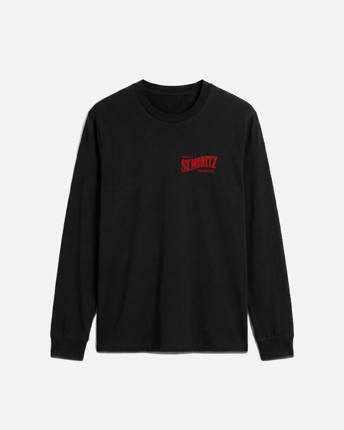 Black Vandox winter address long sleeve t-shirt front view with MMXXVI St. Moritz Vandox red chest logo. Starboy old money shirt tshirt longsleeve crewneck clothes vandox sacrevandox vandox clothes vandox clothing