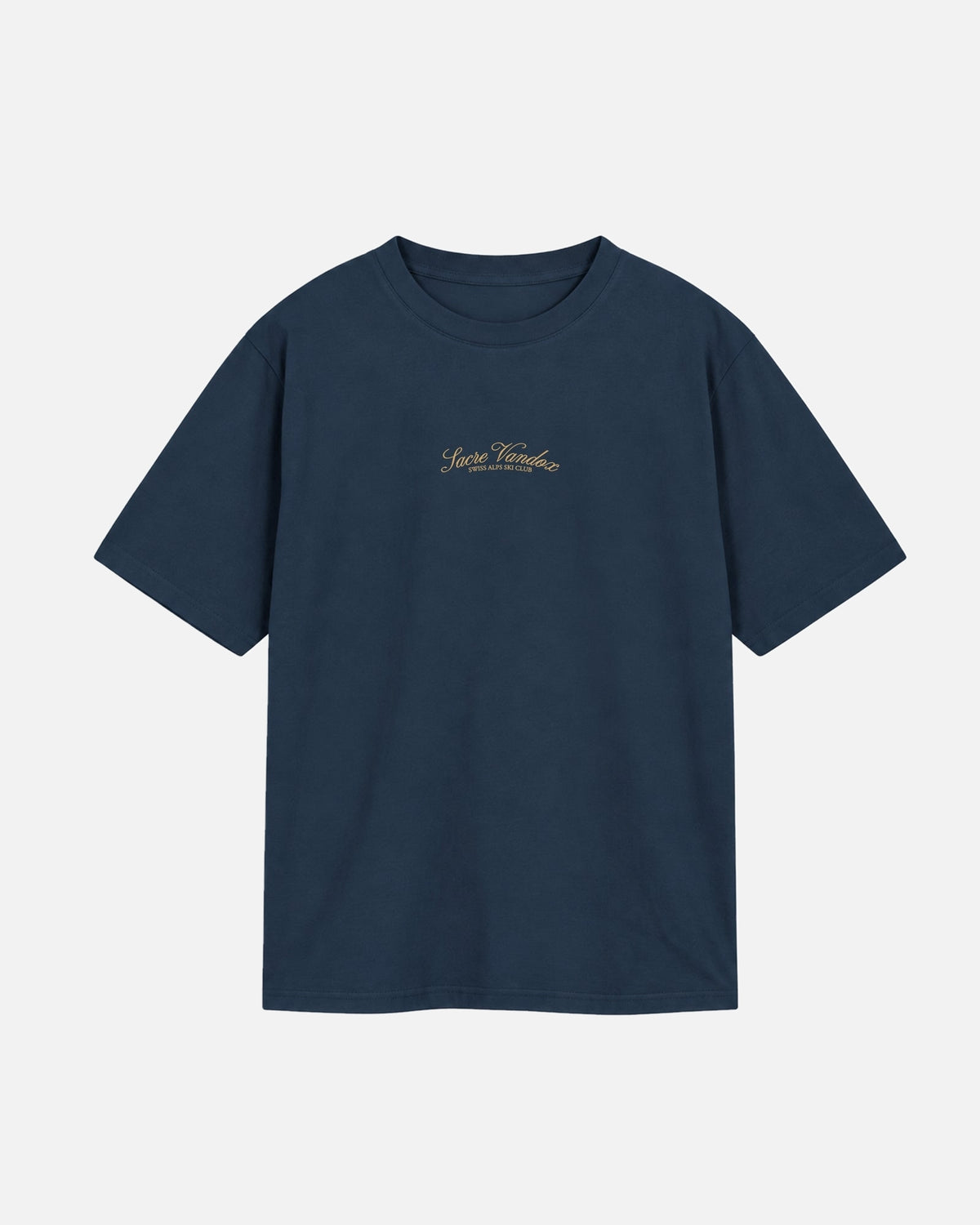 Blue Dusk Navy Dark blue deep blue Vandox Chalet Edit t-shirt with gold Sacre Vandox Swiss Alps Ski Club script chest graphic. Starboy old money shirt tshirt clothes vandox sacrevandox vandox clothes vandox clothing