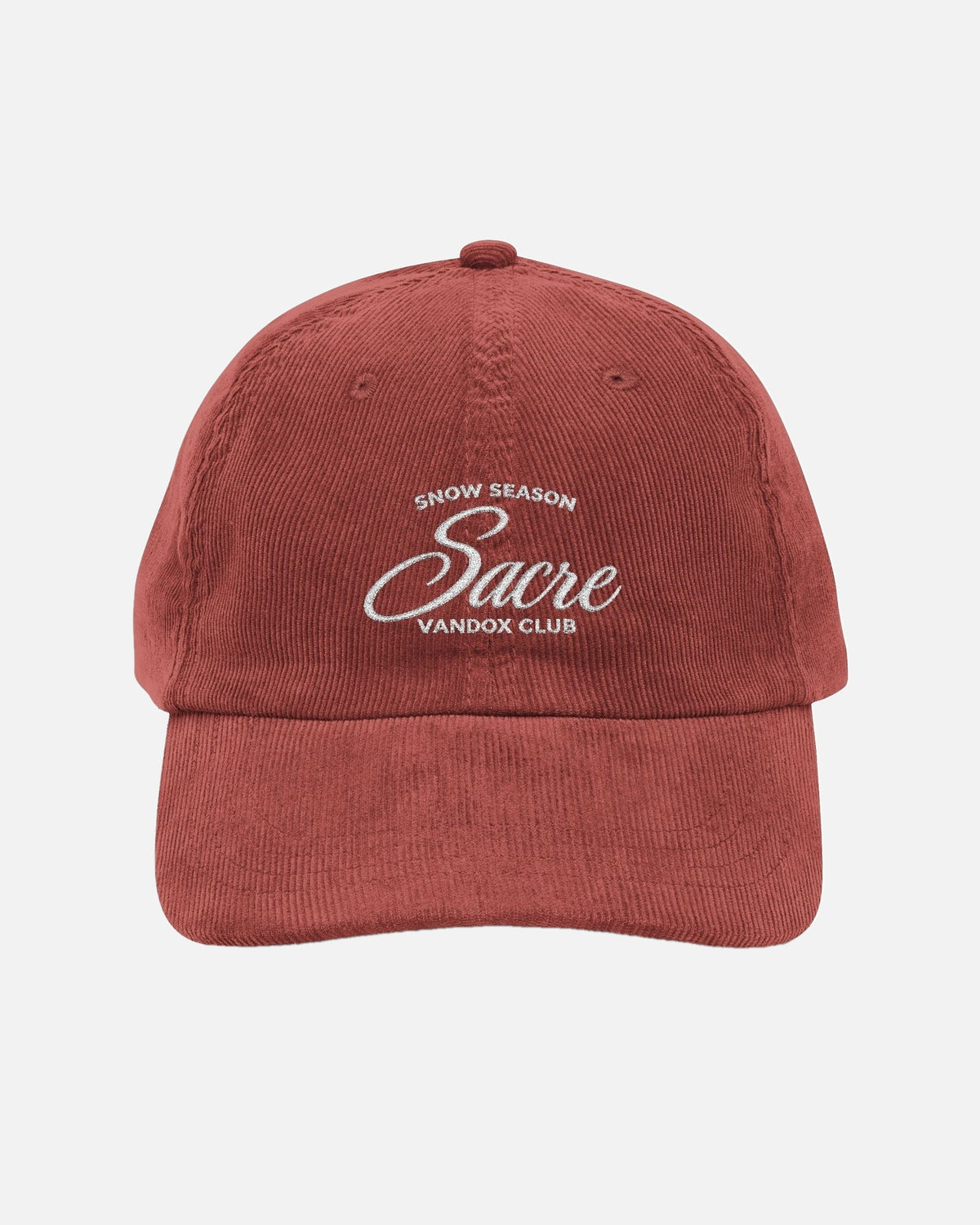 Burgundy Maroon Red Vandox Snow Season corduroy baseball cap with white embroidered Snow Season Sacre Vandox Club script graphic. Hat Cap Baseball Cap Baseball Hat starboy hat old money hats vandox sacre vandox sacrevandox vandox clothing