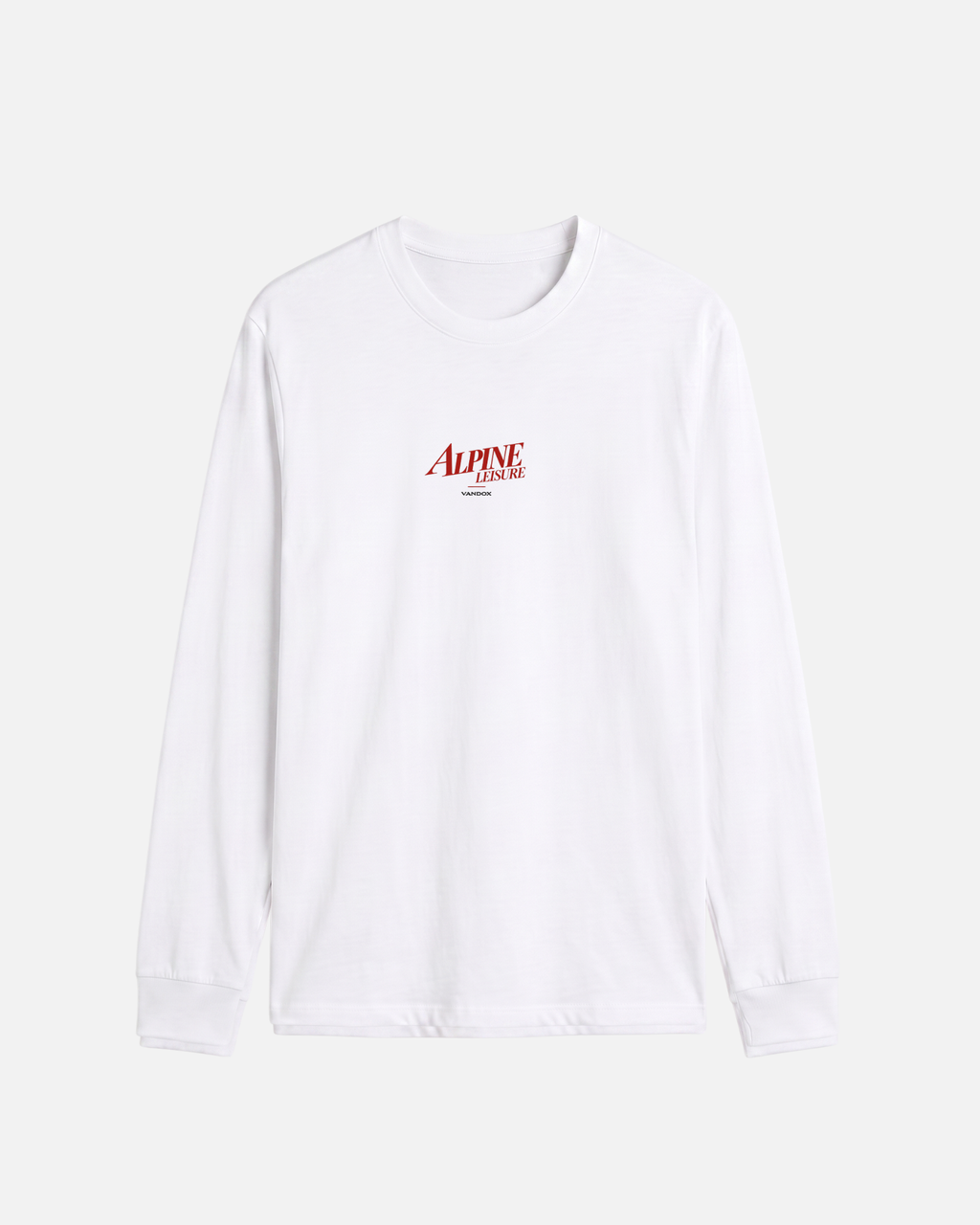 Eggshell White Vandox Alpine Leaisure long sleeve t-shirt front view with red Alpine Leisure Vandox chest logo. Starboy old money shirt tshirt longsleeve crewneck clothes vandox sacrevandox vandox clothes vandox clothing