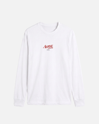 Eggshell White Vandox Alpine Leaisure long sleeve t-shirt front view with red Alpine Leisure Vandox chest logo. Starboy old money shirt tshirt longsleeve crewneck clothes vandox sacrevandox vandox clothes vandox clothing