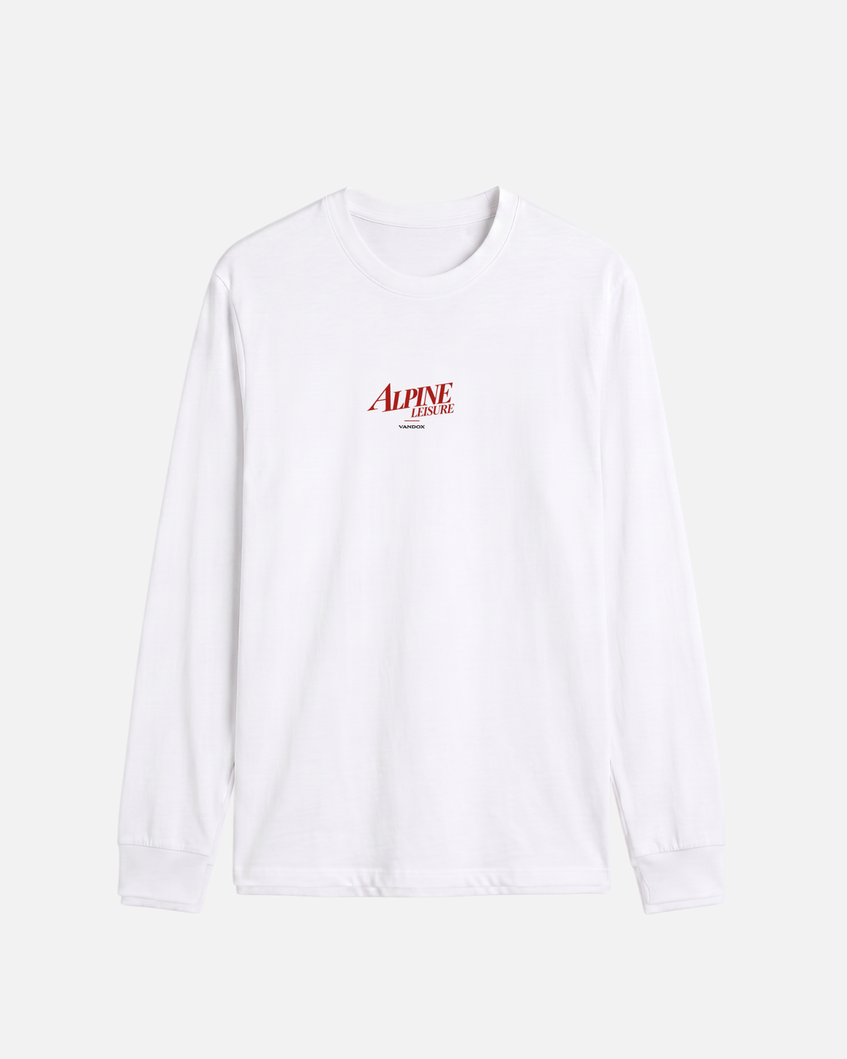 Eggshell White Vandox Alpine Leaisure long sleeve t-shirt front view with red Alpine Leisure Vandox chest logo. Starboy old money shirt tshirt longsleeve crewneck clothes vandox sacrevandox vandox clothes vandox clothing