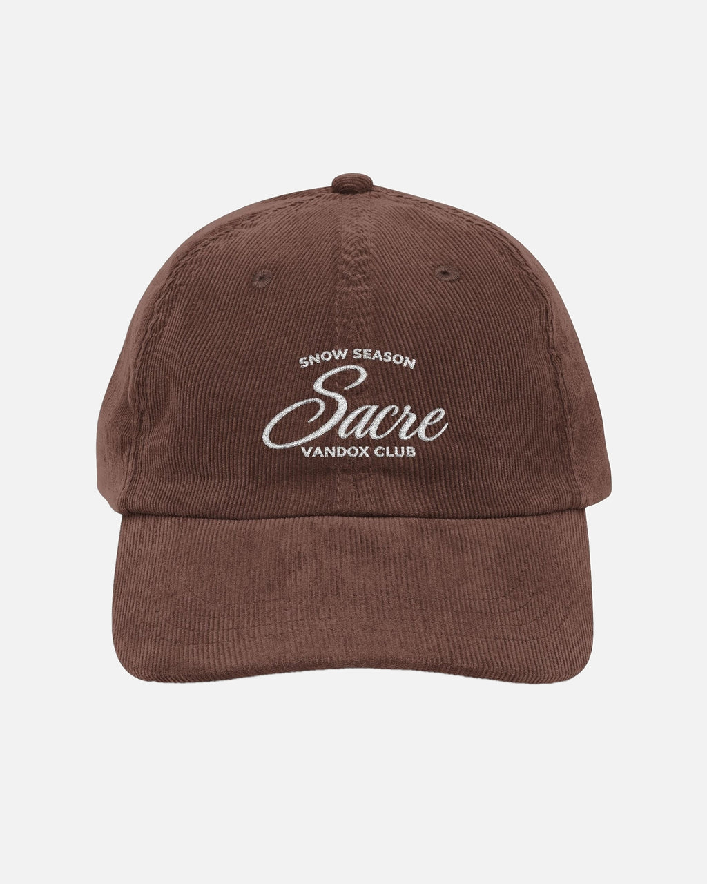 Dark Brown Vandox Snow Season corduroy baseball cap with white embroidered Snow Season Sacre Vandox Club script graphic. Hat Cap Baseball Cap Baseball Hat starboy hat old money hats vandox sacre vandox sacrevandox vandox clothing
