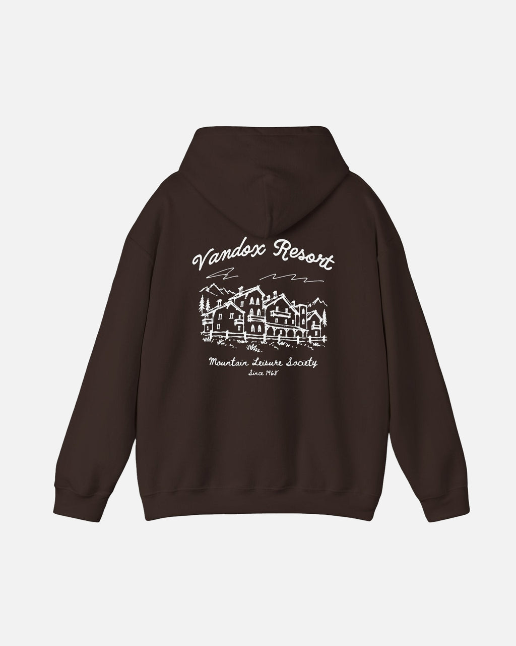 Dark Chocolate Brown Vandox Resort hoodie back view with hand-drawn alpine resort hotel sketch and Vandox Resort Mountain Leisure Society Since 1968 text. Starboy old money hoodie sweatshirt clothes vandox sacrevandox vandox clothes vandox clothing