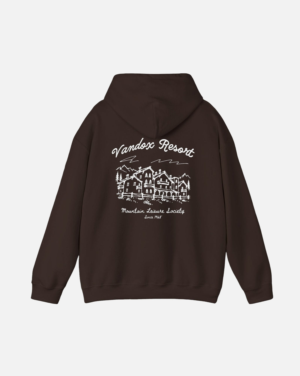 Dark Chocolate Brown Vandox Resort hoodie back view with hand-drawn alpine resort hotel sketch and Vandox Resort Mountain Leisure Society Since 1968 text. Starboy old money hoodie sweatshirt clothes vandox sacrevandox vandox clothes vandox clothing