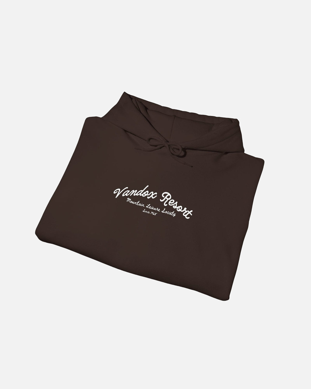 folded view of dark chocolate brown Vandox Resort hoodie with Vandox Resort Mountain Leisure Society script chest graphic. Starboy old money hoodie sweatshirt clothes vandox sacrevandox vandox clothes vandox clothing