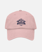 Front View of Dusty Rose Vandox alpine Club washed baseball cap with Navy Blue printed St. Moritz Alpine Club diamond mountain crest graphic. Hat Cap Baseball Cap Baseball Hat starboy hat old money hats vandox sacre vandox sacrevandox vandox clothing