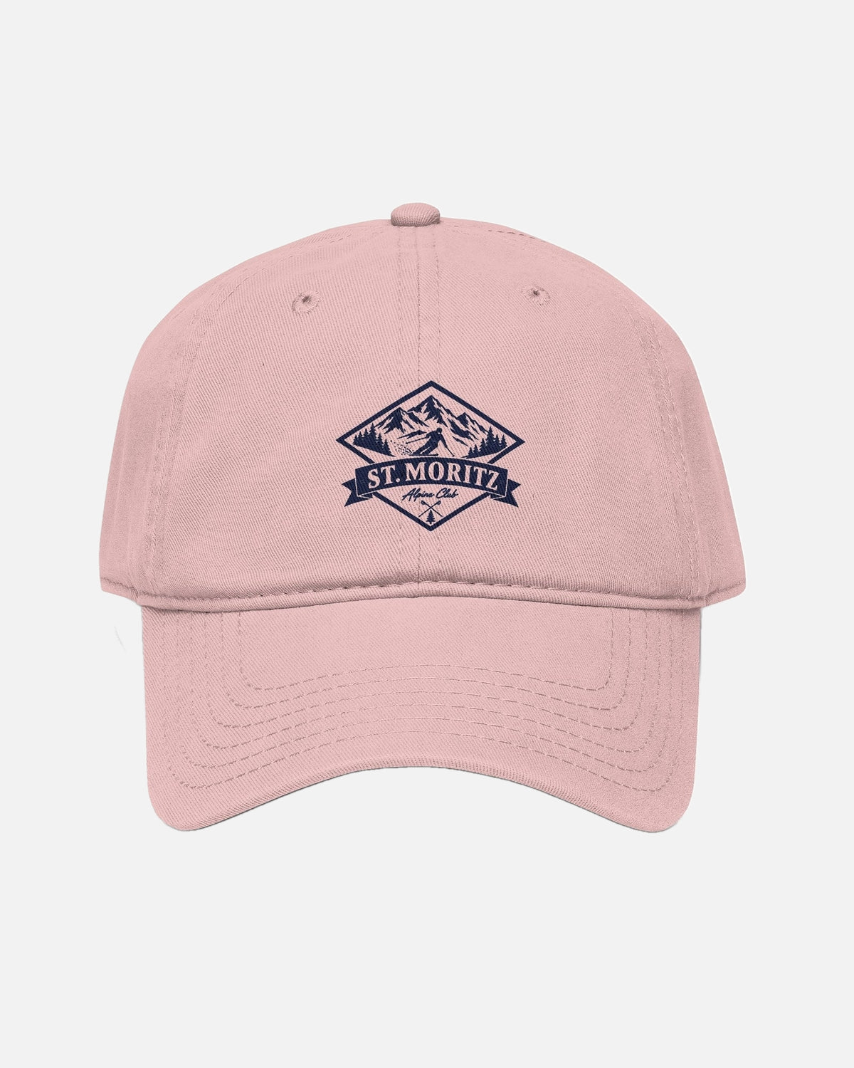 Front View of Dusty Rose Vandox alpine Club washed baseball cap with Navy Blue printed St. Moritz Alpine Club diamond mountain crest graphic. Hat Cap Baseball Cap Baseball Hat starboy hat old money hats vandox sacre vandox sacrevandox vandox clothing