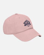 45 angle Front View of Dusty Rose Vandox alpine Club washed baseball cap with Navy Blue printed St. Moritz Alpine Club diamond mountain crest graphic. Hat Cap Baseball Cap Baseball Hat starboy hat old money hats vandox sacre vandox sacrevandox vandox clothing