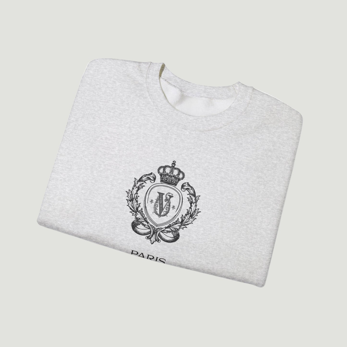 Folded Vandox sport grey ash Noble Seal Crewneck with ornate crest design and Paris inscription on the front. Starboy old money hoodie sweatshirt clothes vandox sacrevandox vandox clothes vandox clothing