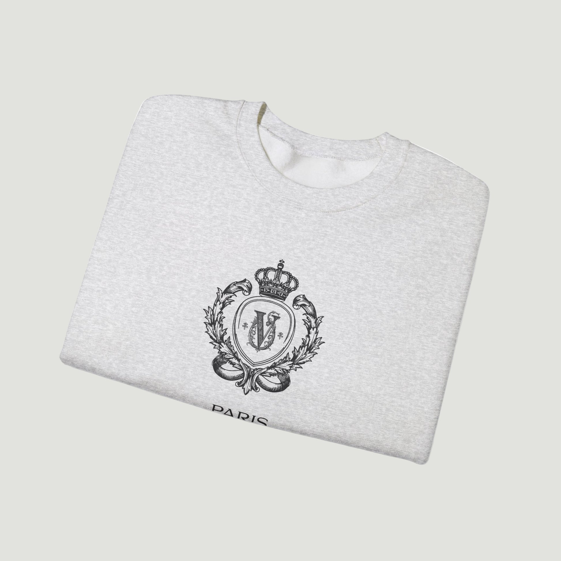 Folded Vandox sport grey ash Noble Seal Crewneck with ornate crest design and Paris inscription on the front. Starboy old money hoodie sweatshirt clothes vandox sacrevandox vandox clothes vandox clothing