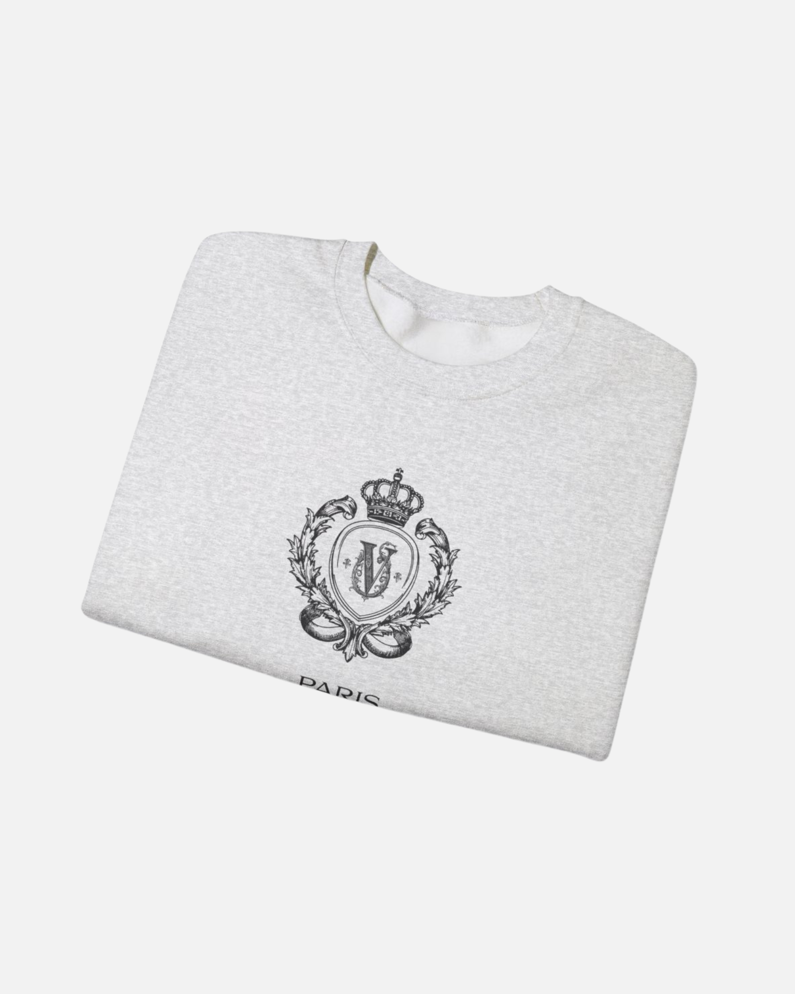 Folded Vandox sport grey ash Noble Seal Crewneck with ornate crest design and Paris inscription on the front. Starboy old money hoodie sweatshirt clothes vandox sacrevandox vandox clothes vandox clothing