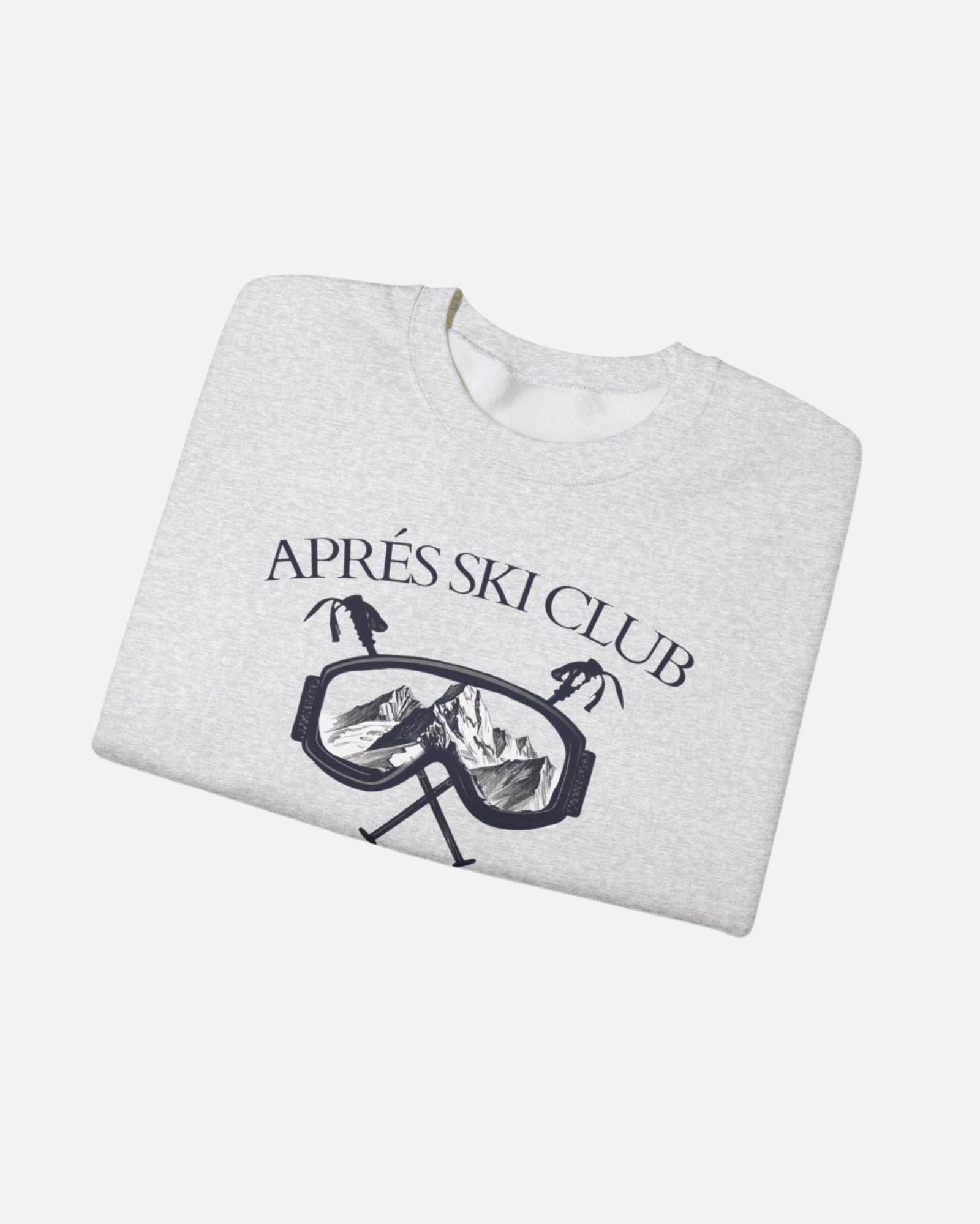 Folded sport grey ash Ski Society Crewneck by Vandox with alpine ski goggle graphic and “Après Ski Club” text on the front. Starboy old money hoodie sweatshirt clothes vandox sacrevandox vandox clothes vandox clothing
