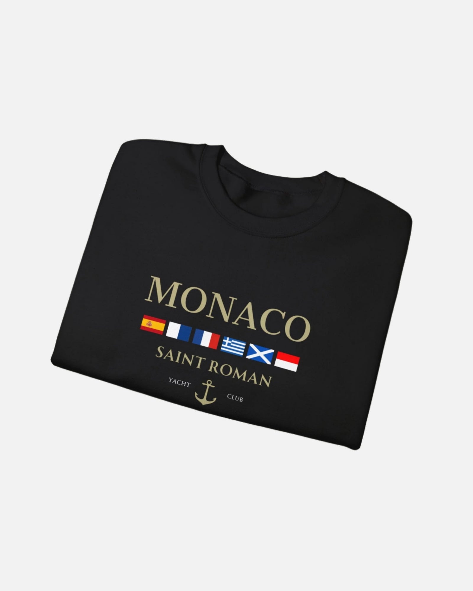 Deep Black Vandox Monaco Saint Roman Yacht Club crewneck featuring international maritime flags, gold lettering, and anchor detail—blending old money elegance with nautical style. Starboy old money hoodie sweatshirt clothes vandox sacrevandox vandox clothes vandox clothing
