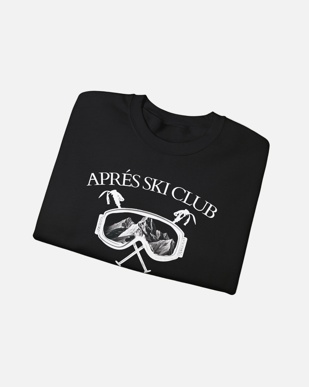 Folded deep black Ski Society Crewneck by Vandox with alpine ski goggle graphic and “Après Ski Club” text on the front. Starboy old money hoodie sweatshirt clothes vandox sacrevandox vandox clothes vandox clothing