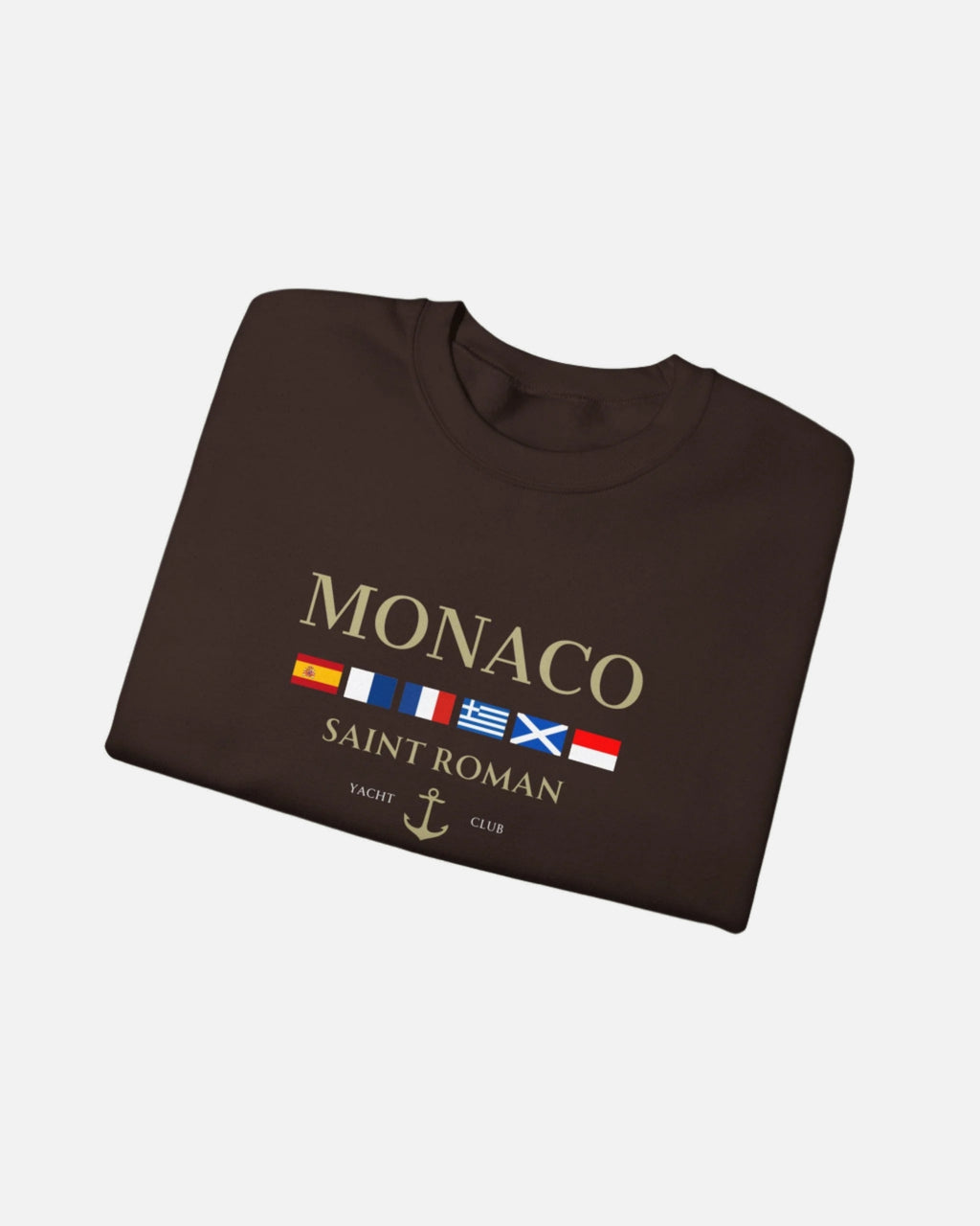 Dark Chocolate Brown Vandox Monaco Saint Roman Yacht Club crewneck featuring international maritime flags, gold lettering, and anchor detail—blending old money elegance with nautical style. Starboy old money hoodie sweatshirt clothes vandox sacrevandox vandox clothes vandox clothing