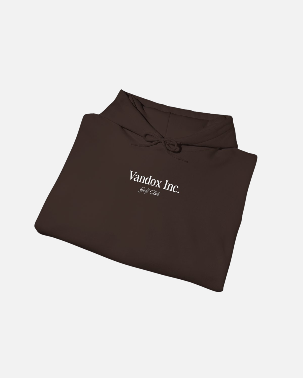 Folded view of the Dark Chocolate Brown Vandox Stockholm Hoodie featuring minimal “Vandox Inc.” and bold “STOCKHOLM” lettering with Golf Club detail. Starboy old money hoodie sweatshirt clothes vandox sacrevandox vandox clothes vandox clothing