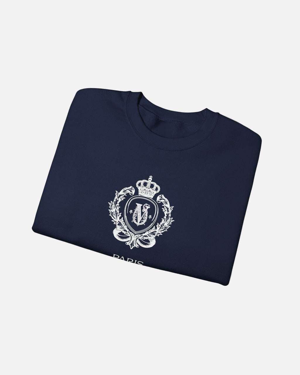 Folded Vandox deep dark blue navy Noble Seal Crewneck with ornate crest design and Paris inscription on the front. Starboy old money hoodie sweatshirt clothes vandox sacrevandox vandox clothes vandox clothing