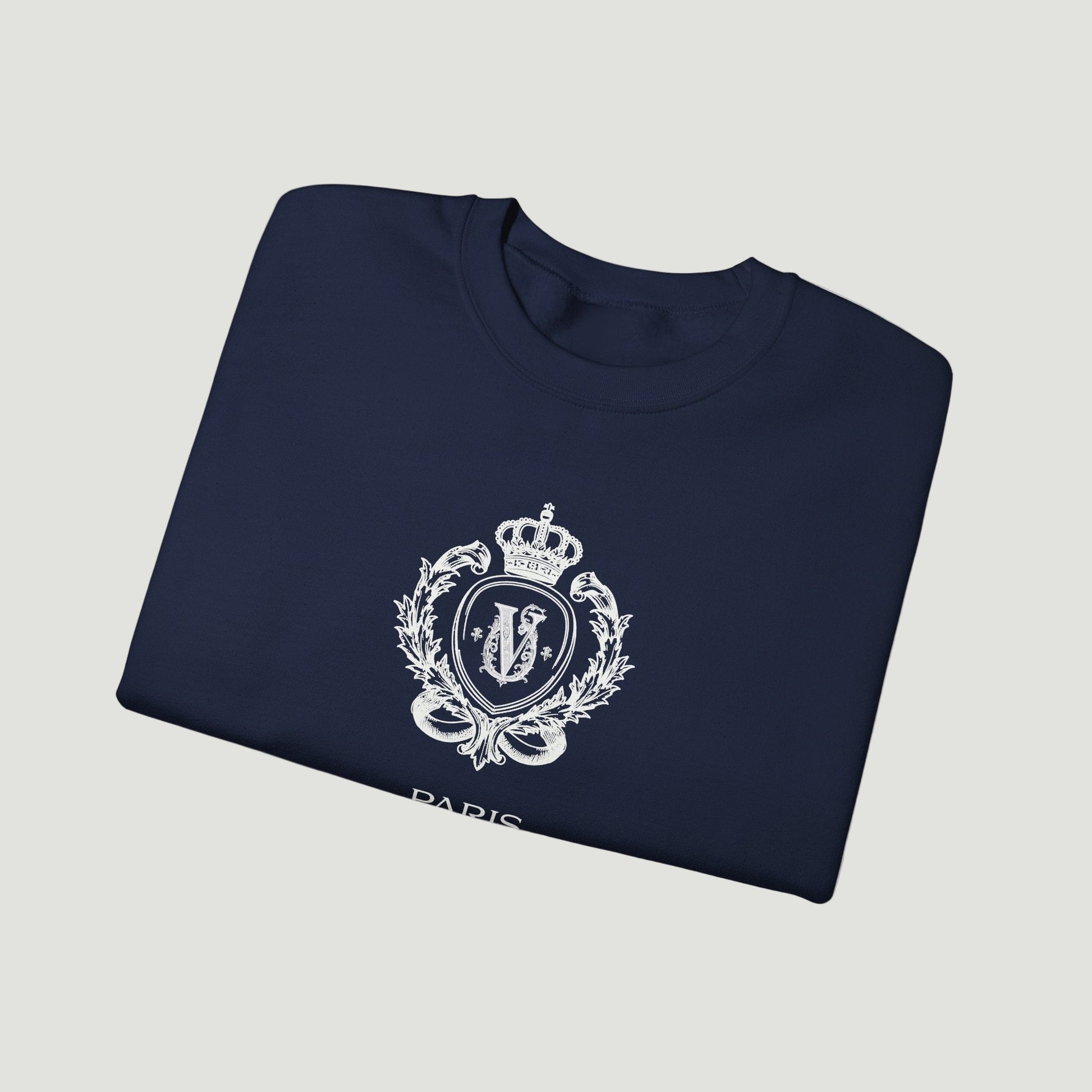 Folded Vandox deep dark blue navy Noble Seal Crewneck with ornate crest design and Paris inscription on the front. Starboy old money hoodie sweatshirt clothes vandox sacrevandox vandox clothes vandox clothing