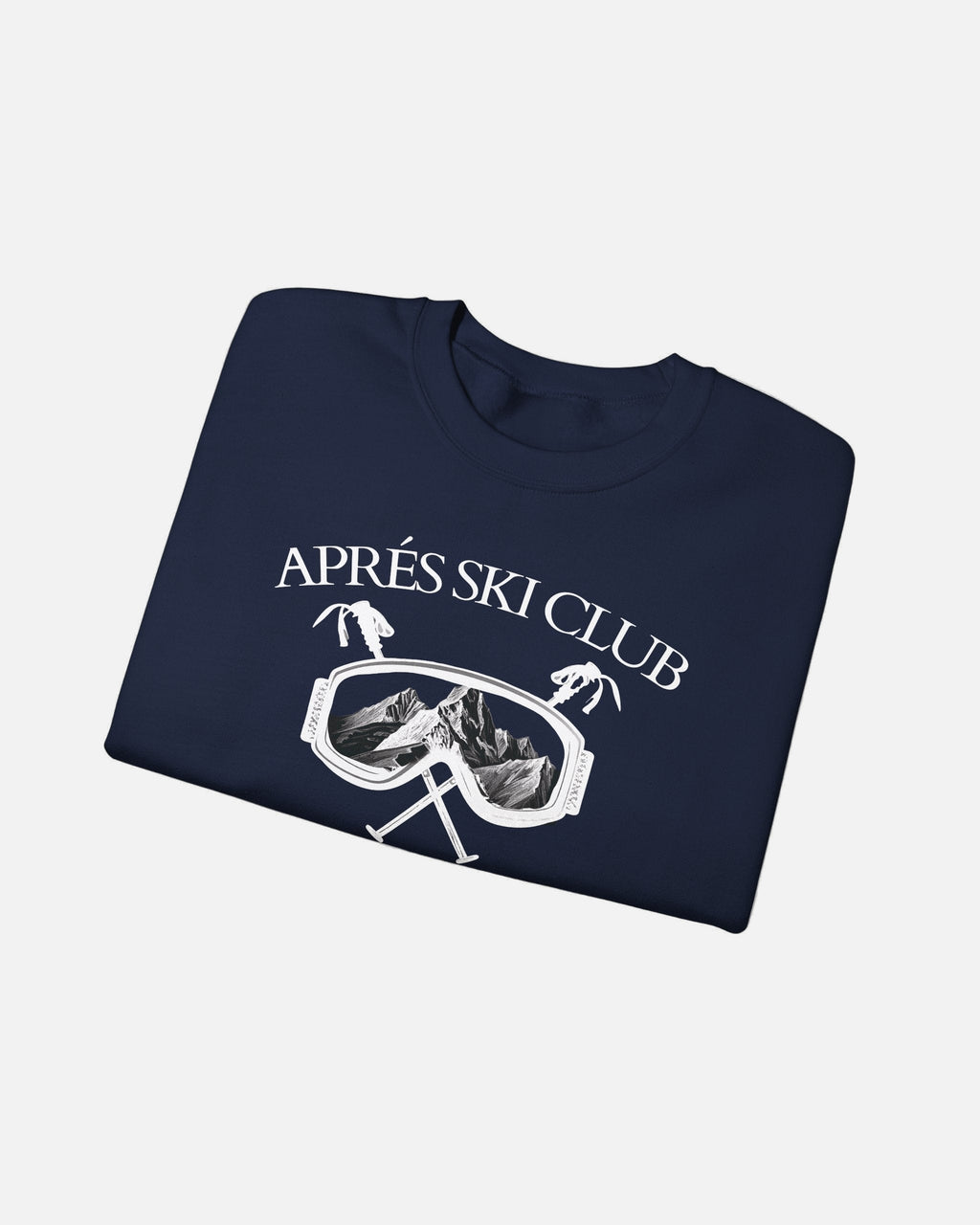 Folded deep dark blue navy Ski Society Crewneck by Vandox with alpine ski goggle graphic and “Après Ski Club” text on the front. Starboy old money hoodie sweatshirt clothes vandox sacrevandox vandox clothes vandox clothing