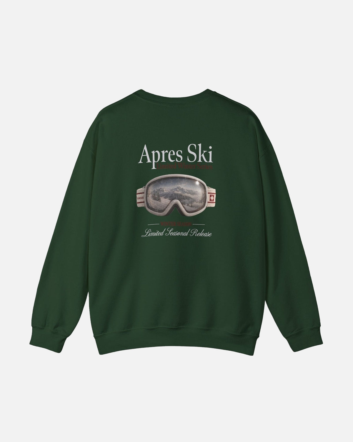 Forest Green Dark Green Vandox Snow Lens crewneck sweatshirt back view with photorealistic ski goggle graphic showing alpine mountain reflection and Apres Ski Limited Winter Series text. Starboy old money hoodie sweatshirt clothes vandox sacrevandox vandox clothes vandox clothing crewneck autumn clothes no hood fall clothes 