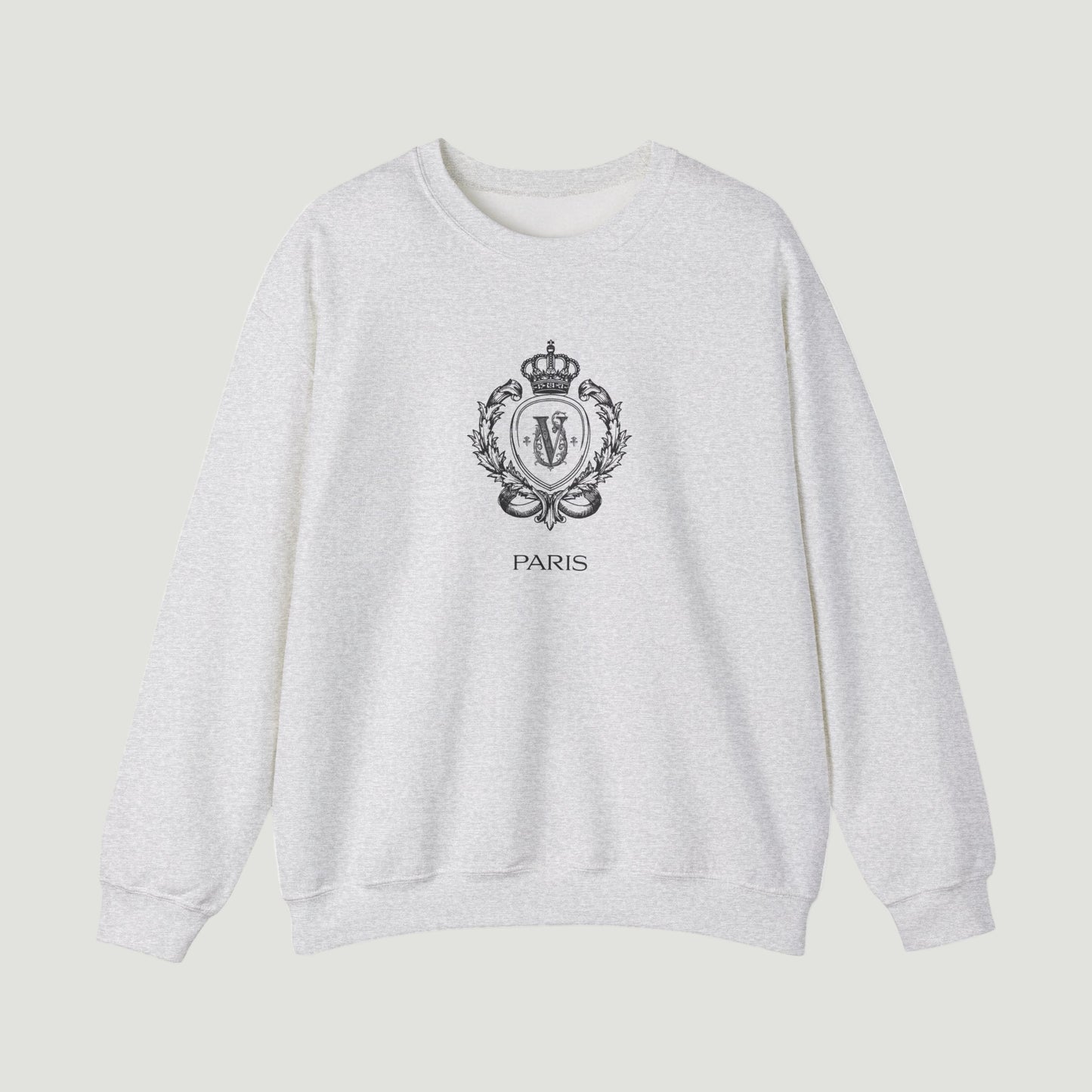 Front view of Vandox sport grey ash Noble Seal Crewneck with ornate crest and Paris inscription. Starboy old money hoodie sweatshirt clothes vandox sacrevandox vandox clothes vandox clothing