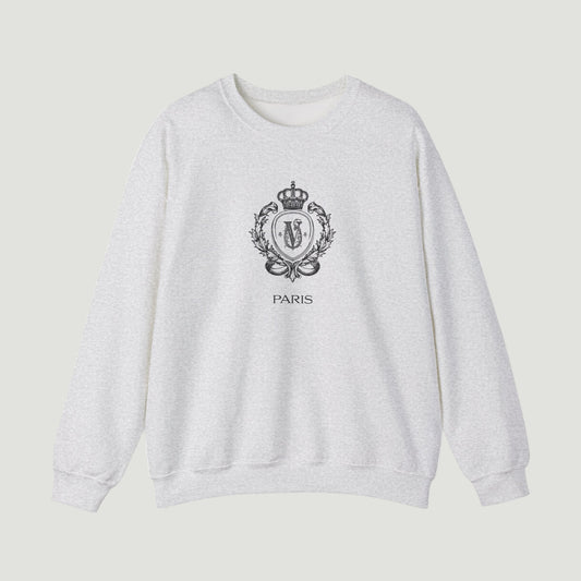 Front view of Vandox sport grey ash Noble Seal Crewneck with ornate crest and Paris inscription. Starboy old money hoodie sweatshirt clothes vandox sacrevandox vandox clothes vandox clothing