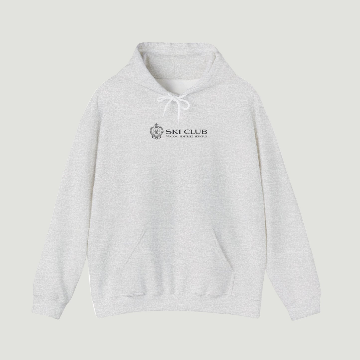 Front view of the sport grey ash Alpine Ski Club Hoodie by Vandox with Ski Club crest and text detail. Starboy old money hoodie sweatshirt clothes vandox sacrevandox vandox clothes vandox clothing