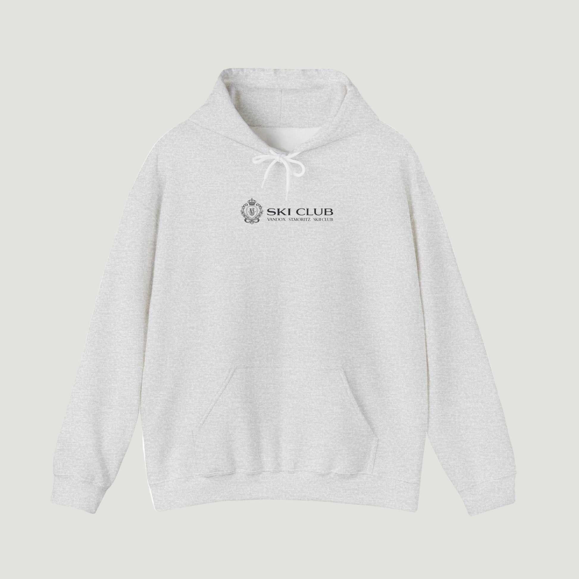 Front view of the sport grey ash Alpine Ski Club Hoodie by Vandox with Ski Club crest and text detail. Starboy old money hoodie sweatshirt clothes vandox sacrevandox vandox clothes vandox clothing
