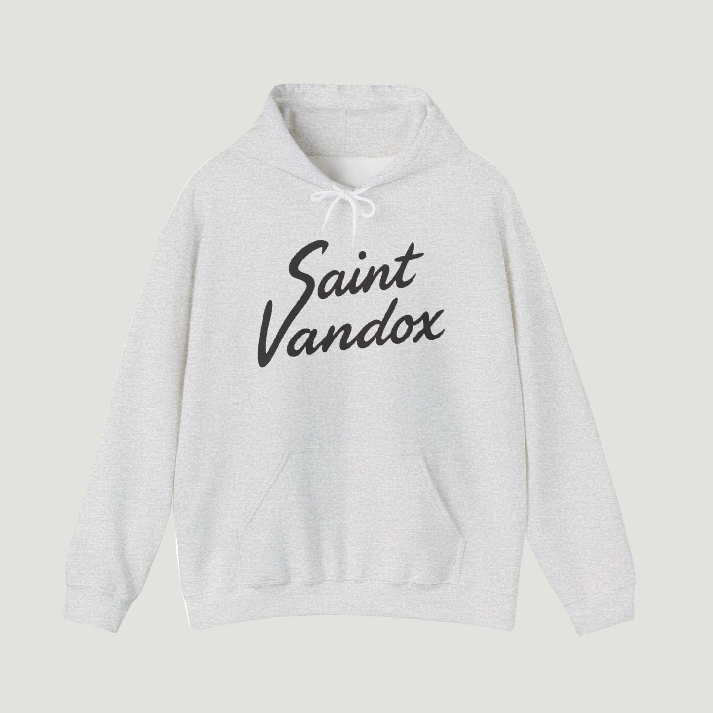 Front view of Sport Grey Ash Vandox Canon Hoodie with bold “Saint Vandox” script in cursive across the chest. Starboy old money hoodie sweatshirt clothes vandox sacrevandox vandox clothes vandox clothing