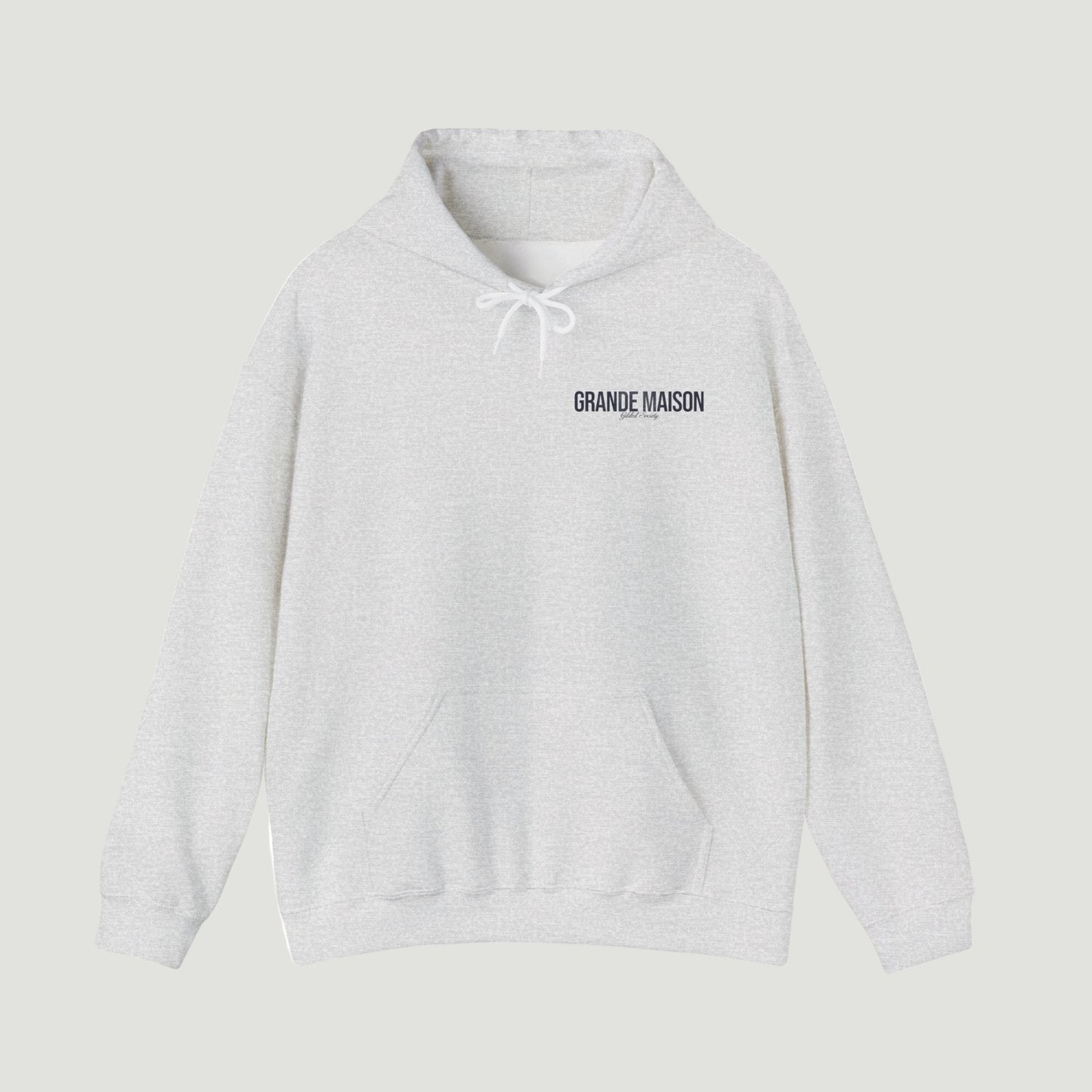 Front view of deep dark blue navy Grande Maison Hoodie featuring minimalist “Grande Maison” text on the chest. Starboy old money hoodie sweatshirt clothes vandox sacrevandox vandox clothes vandox clothing