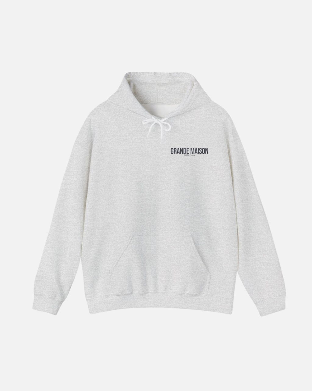 Front view of sport grey ash Grande Maison Hoodie featuring minimalist “Grande Maison” text on the chest. Starboy old money hoodie sweatshirt clothes vandox sacrevandox vandox clothes vandox clothing