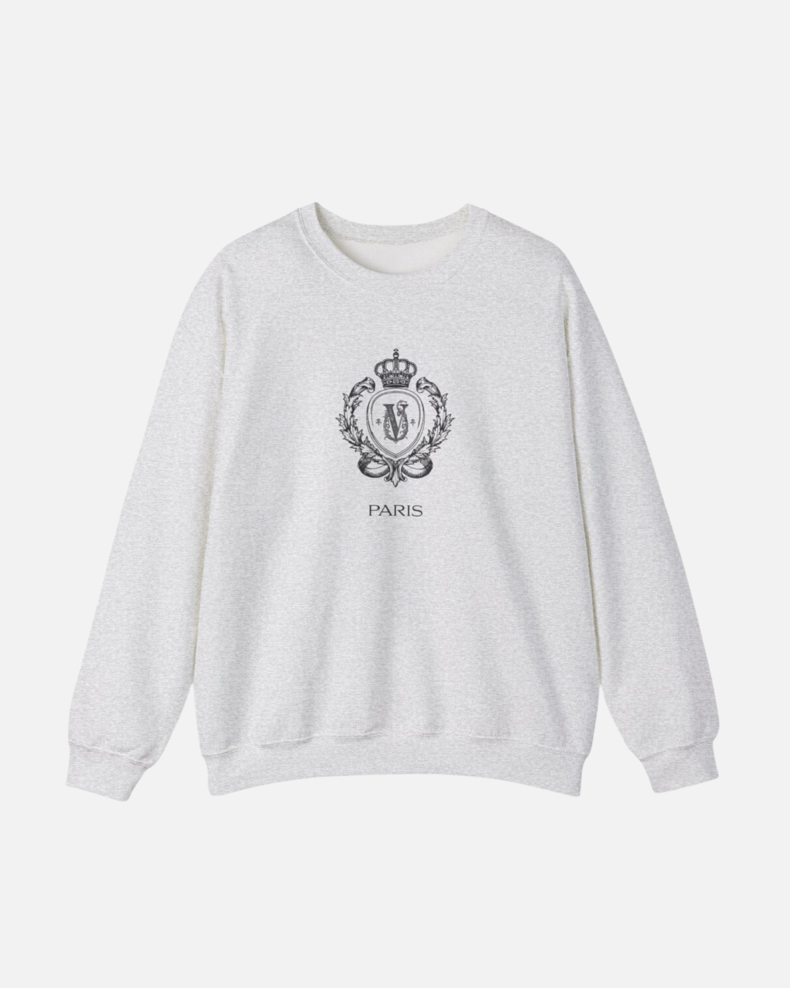Front view of Vandox sport grey ash Noble Seal Crewneck with ornate crest and Paris inscription. Starboy old money hoodie sweatshirt clothes vandox sacrevandox vandox clothes vandox clothing