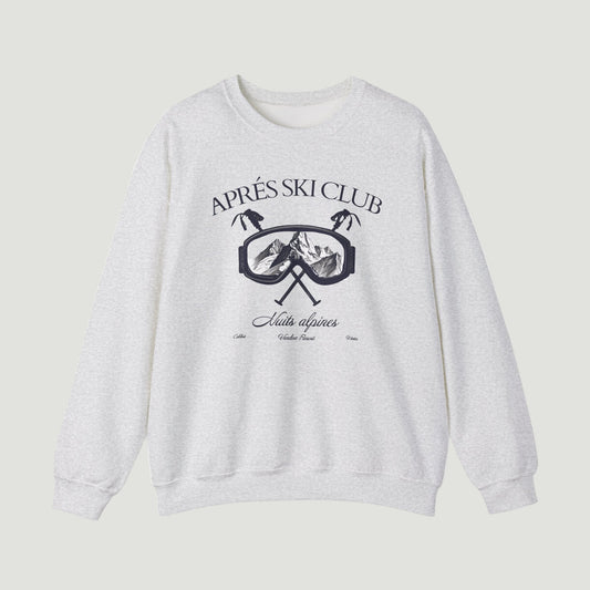 Front view of the sport grey ash Ski Society Crewneck by Vandox with alpine ski goggle graphic and “Après Ski Club” text. Starboy old money hoodie sweatshirt clothes vandox sacrevandox vandox clothes vandox clothing