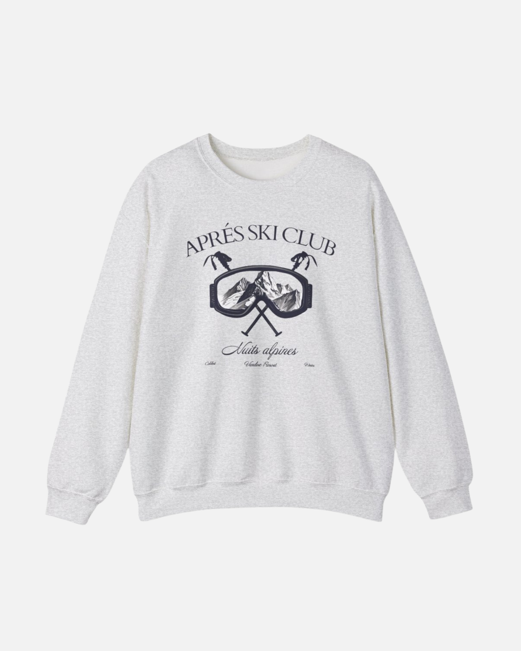 Front view of the sport grey ash Ski Society Crewneck by Vandox with alpine ski goggle graphic and “Après Ski Club” text. Starboy old money hoodie sweatshirt clothes vandox sacrevandox vandox clothes vandox clothing