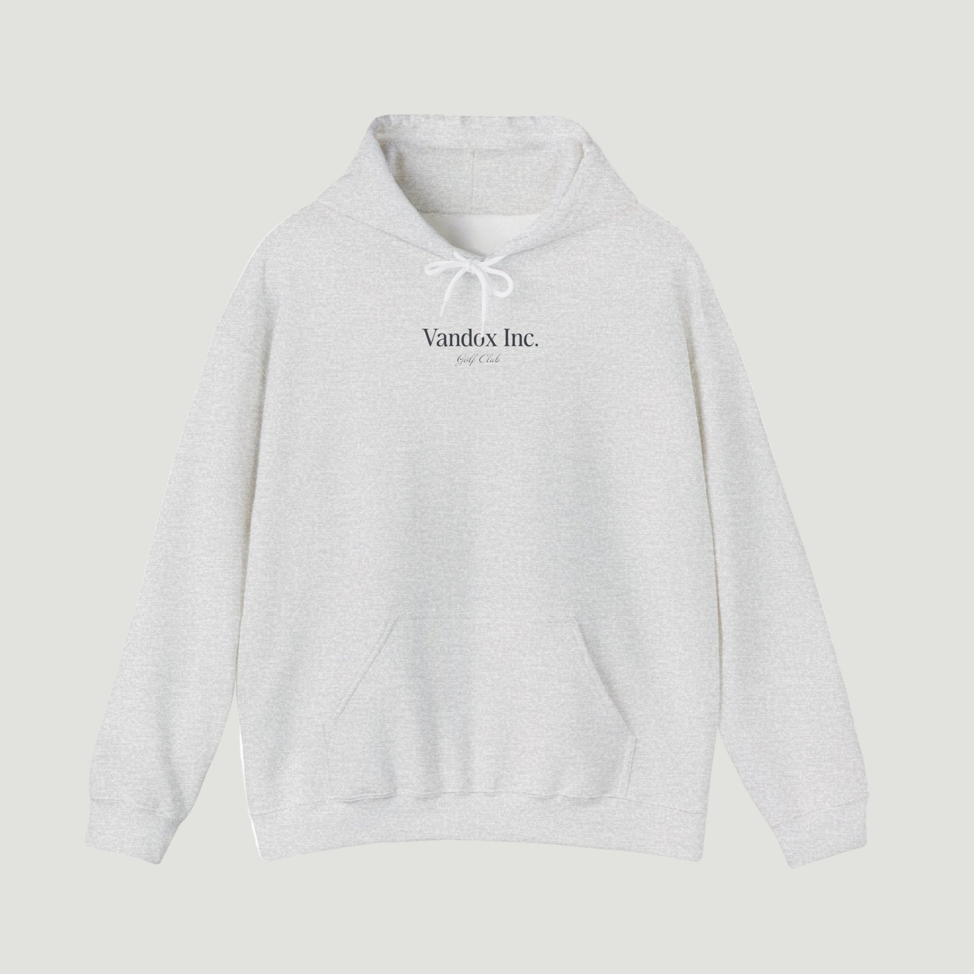 Front view of the Sport Grey Ash Vandox Stockholm Hoodie featuring minimal “Vandox Inc.” and bold “STOCKHOLM” lettering with Golf Club detail. Starboy old money hoodie sweatshirt clothes vandox sacrevandox vandox clothes vandox clothing