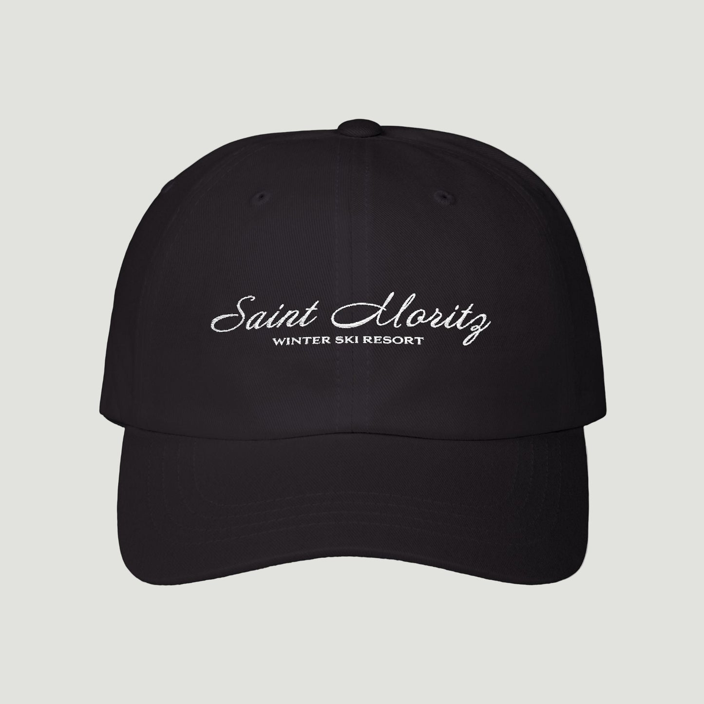 Front view of the deep black Vandox Alpine Escape Cap with embroidered Saint Moritz Winter Ski Resort design. Hat Cap Baseball Cap Baseball Hat starboy hat old money hats vandox sacre vandox sacrevandox vandox clothing