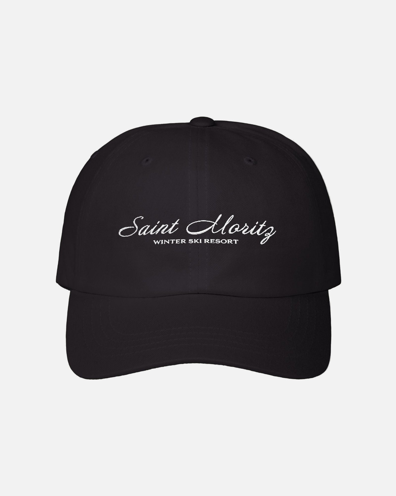 Front view of the deep black Vandox Alpine Escape Cap with embroidered Saint Moritz Winter Ski Resort design. Hat Cap Baseball Cap Baseball Hat starboy hat old money hats vandox sacre vandox sacrevandox vandox clothing