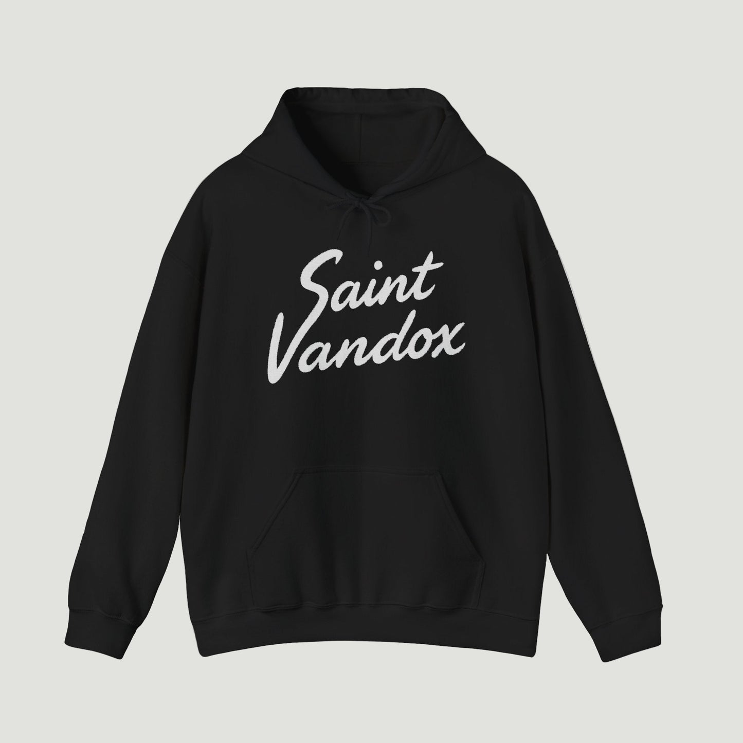 Front view of Deep Black Vandox Canon Hoodie with bold “Saint Vandox” script in cursive across the chest. Starboy old money hoodie sweatshirt clothes vandox sacrevandox vandox clothes vandox clothing