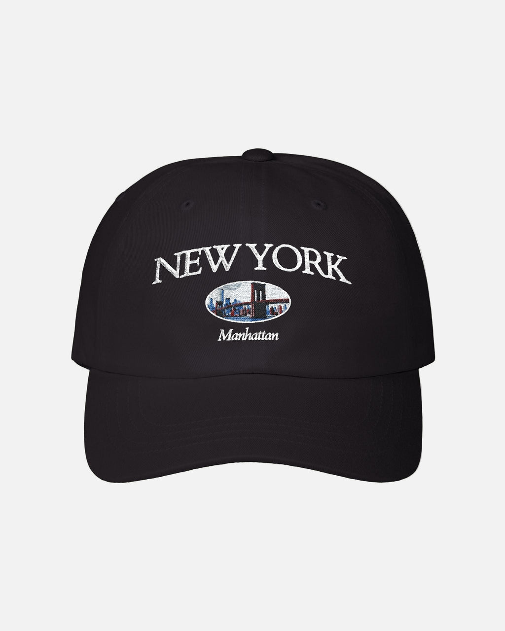 Front view of the deep black Vandox Empire State Cap featuring embroidered New York lettering and Manhattan skyline design with the Brooklyn Bridge. Starboy old money accessories accessory hat cap vandox sacrevandox vandox clothes vandox baseball cap baseball hat