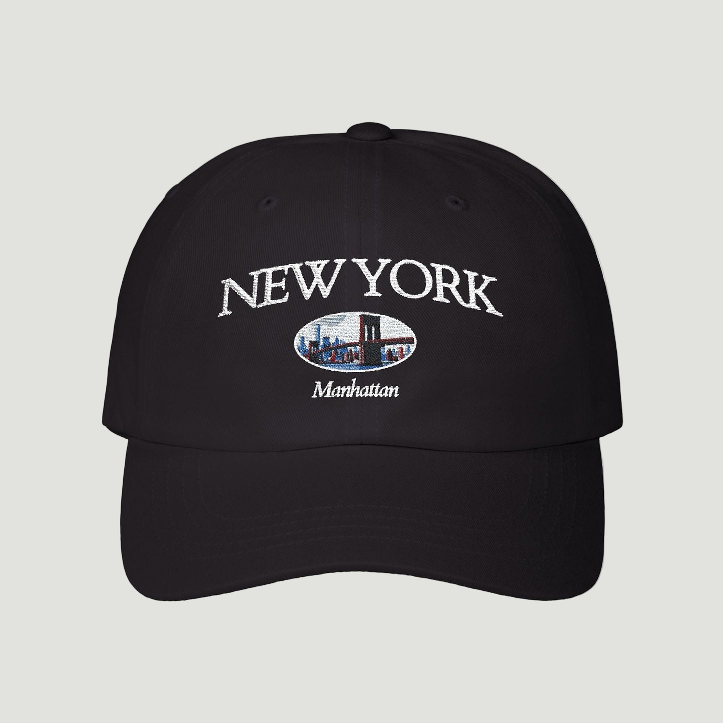 Front view of the deep black Vandox Empire State Cap featuring embroidered New York lettering and Manhattan skyline design with the Brooklyn Bridge. Starboy old money accessories accessory hat cap vandox sacrevandox vandox clothes vandox baseball cap baseball hat