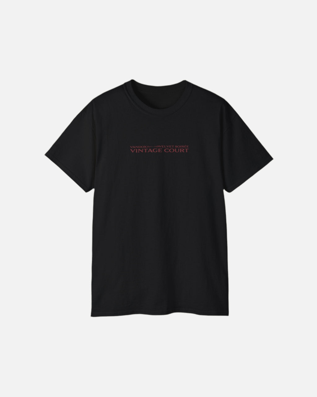 Front view of the deep black Grand Court T-Shirt by Vandox with minimalist “Vintage Court” text. Starboy old money shirt tshirt clothes vandox sacrevandox vandox clothes vandox clothing