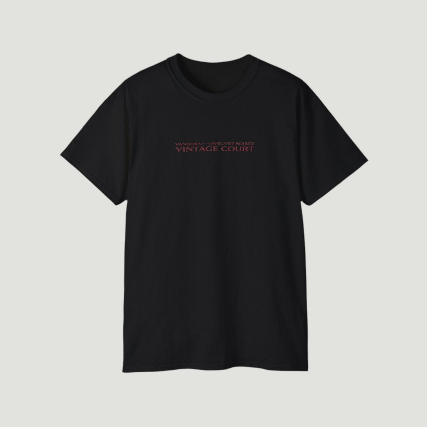 Front view of the deep black Grand Court T-Shirt by Vandox with minimalist “Vintage Court” text. Starboy old money shirt tshirt clothes vandox sacrevandox vandox clothes vandox clothing